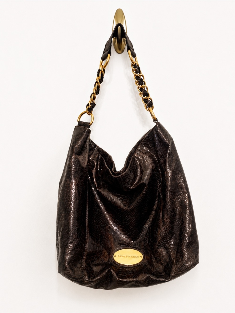 Dana Buchman Brown & Gold Snakeskin Slouchy Shoulder Bag Purse